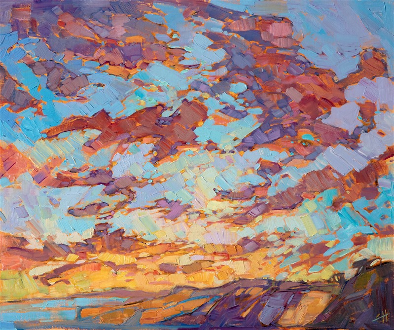 A dramatic sky bursts above the tangerine-hued cliffs of Torrey Pines, in San Diego. The colors are vivid and alive with motion.

This painting has been framed in a hand-carved and gilded frame that was designed to complement the colors in this painting.  It will arrived wired and ready to hang.

This painting will be included in the exhibition <i><a href="https://www.erinhanson.com/Event/erinhansoncoastalcalifornia" target="_blank">Erin Hanson: Coastal California</i></a>, at The Erin Hanson Gallery in San Diego. The artist's reception will take place on June 24th.  If you purchase this painting online, it will be shipped to you the week of June 26th.