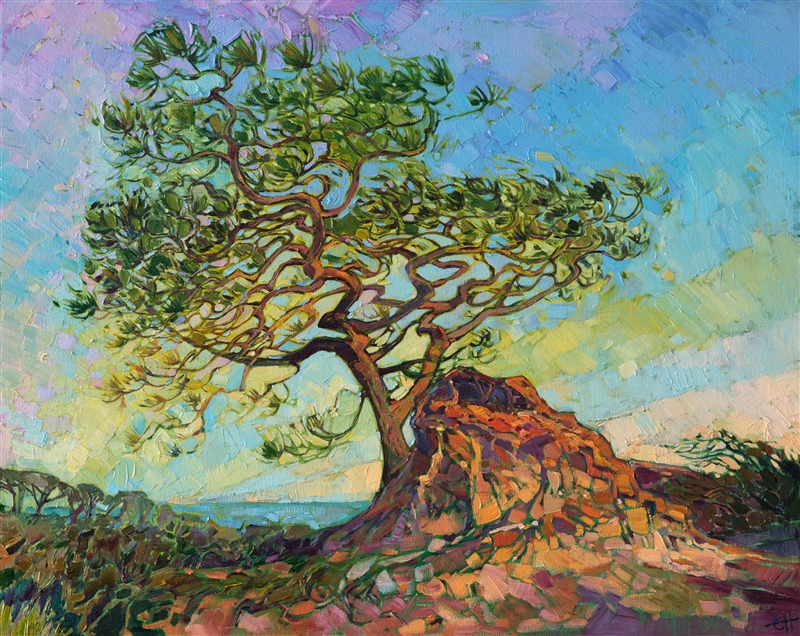 A coastal pine stands atop a bluff in Torrey Pines, San Diego. Lime green and periwinkle light glints through the pine needle, as the criss-crossing branches cut abstract shapes in the sky.  The brush strokes in this painting are loose and impressionistic, alive with color and movement.

This painting was done on 1-1/2" deep canvas, with the painting continued around the edges. The painting has been framed in a gold floater frame and arrives ready to hang.
