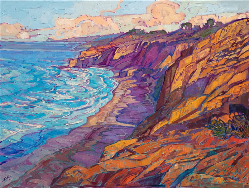 Hiking to the top of the Torrey Pines cliffs at daybreak is well worth the trip! The warm colors of the steep cliffs are most beautiful in the early morning light. The long purple shadows cast down over the ocean waters below. This painting captures the scene with thick, impasto oil paint and lively, expressive color.</p><p>"Torrey Pines II" was created on 1-1/2" canvas, with the painting continued around the edges. The painting arrives framed in a contemporary gold floater frame.