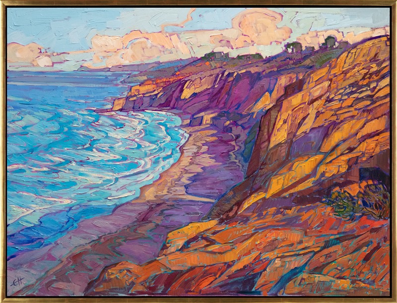 Hiking to the top of the Torrey Pines cliffs at daybreak is well worth the trip! The warm colors of the steep cliffs are most beautiful in the early morning light. The long purple shadows cast down over the ocean waters below. This painting captures the scene with thick, impasto oil paint and lively, expressive color.</p><p>"Torrey Pines II" was created on 1-1/2" canvas, with the painting continued around the edges. The painting arrives framed in a contemporary gold floater frame.