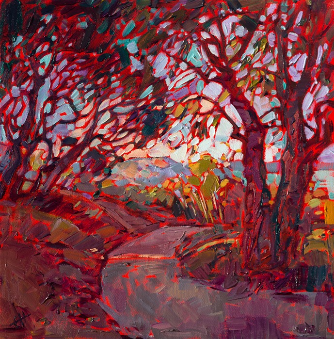 Torrey Pines is one of the most scenic places in San Diego. This painting captures the view of the La Jolla cove as seen through some shaded eucalyptus trees. The brush strokes are loose and impressionistic, alive with evocative color.</p><p>This painting was done on 3/4" stretched canvas, and it has been framed in a classic wooden frame. Read more about the <a href="https://www.erinhanson.com/Blog?p=AboutErinHanson" target="_blank">painting's details here.</a>