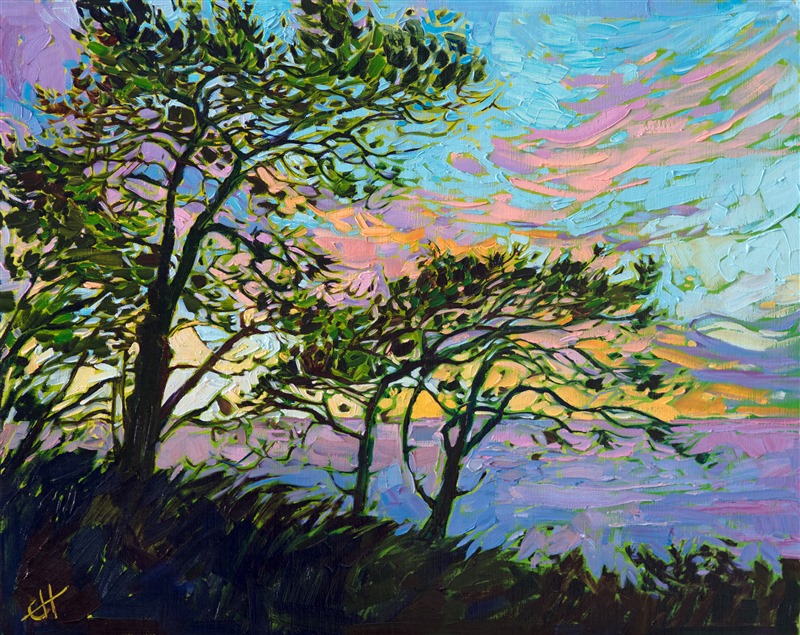 The rare pine trees in Torrey Pines are silhouetted against a San Diego sunset sky and distant darkening waters. The brush strokes are loose and impressionistic, the colors vivid and alive.</p><p>This painting was created on linen board, and it arrives ready to hang in a custom-made frame.
