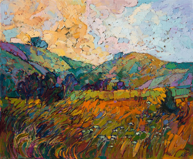 Idyllic rolling hills and gregarious oaks are captured in vivid color and loose, impressionistic brush strokes. This painting was created over squares of 24kt gold leaf, which sparkles through the brush strokes and glimmers in the light.

This painting was created on 3/4" canvas, and it has been framed in a gold plein-air frame.  It arrives wired and ready to hang.
