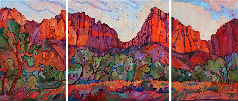 This painting was done on three gallery-wrapped canvas, with the painting continuing around all the edges, creating a different view from different angles. The colors and life of Zion National Park are captured in brilliant colors and thick brush work.