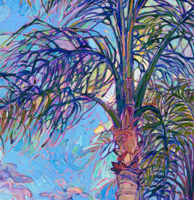 Long palm tree fronds wave in the tropical winds, creating criss-crossing patterns of light and color against the blue sky. Thick brush strokes of oil paint create a texture of stained glass on the canvas. Erin Hanson creates Open Impressionism paintings by placing her paint strokes side by side, without layering, creating a mosaic effect of color and luminous light.