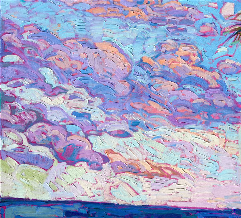 Long palm tree fronds wave in the tropical winds, creating criss-crossing patterns of light and color against the blue sky. Thick brush strokes of oil paint create a texture of stained glass on the canvas. Erin Hanson creates Open Impressionism paintings by placing her paint strokes side by side, without layering, creating a mosaic effect of color and luminous light.
