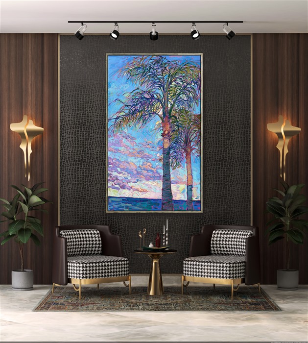 Long palm tree fronds wave in the tropical winds, creating criss-crossing patterns of light and color against the blue sky. Thick brush strokes of oil paint create a texture of stained glass on the canvas. Erin Hanson creates Open Impressionism paintings by placing her paint strokes side by side, without layering, creating a mosaic effect of color and luminous light.
