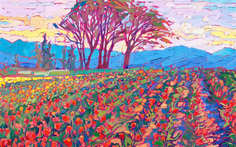 Nestled in the heart of Oregon wine country, Woodburn showcases hundreds of acres of tulip fields. The multi-colored blooms catch the light of the setting sun, glowing in a myriad of rainbow colors. This large-scale oil painting captures the grandeur and beauty of the transient colors of spring in the Willamette Valley.</p><p>"Tulip Blooms" was created on 1-1/2" canvas, and the painting arrives framed in a contemporary gold floater frame finished in 23kt gold leaf. The impressionistic brush strokes are laid side-by-side, without layering, which creates an impressive depth and impasto quality to the painting, and the piece seems to glow from behind like stained glass.