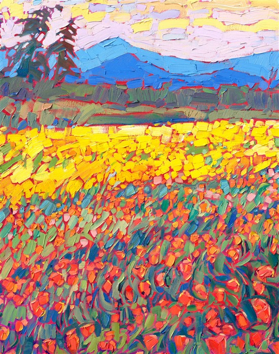 Nestled in the heart of Oregon wine country, Woodburn showcases hundreds of acres of tulip fields. The multi-colored blooms catch the light of the setting sun, glowing in a myriad of rainbow colors. This large-scale oil painting captures the grandeur and beauty of the transient colors of spring in the Willamette Valley.</p><p>"Tulip Blooms" was created on 1-1/2" canvas, and the painting arrives framed in a contemporary gold floater frame finished in 23kt gold leaf. The impressionistic brush strokes are laid side-by-side, without layering, which creates an impressive depth and impasto quality to the painting, and the piece seems to glow from behind like stained glass.