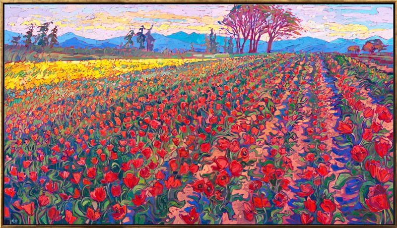 Nestled in the heart of Oregon wine country, Woodburn showcases hundreds of acres of tulip fields. The multi-colored blooms catch the light of the setting sun, glowing in a myriad of rainbow colors. This large-scale oil painting captures the grandeur and beauty of the transient colors of spring in the Willamette Valley.</p><p>"Tulip Blooms" was created on 1-1/2" canvas, and the painting arrives framed in a contemporary gold floater frame finished in 23kt gold leaf. The impressionistic brush strokes are laid side-by-side, without layering, which creates an impressive depth and impasto quality to the painting, and the piece seems to glow from behind like stained glass.