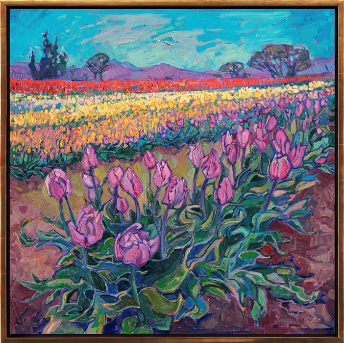 The tulip fields in Oregon's Willamette Valley are bold and beautiful, with layers of vibrant color stretching in all directions. This painting captures the beautiful scene with loose, impressionistic brush strokes.