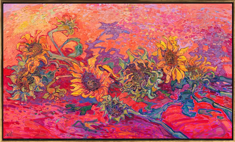 Fresh, farm-picked sunflowers lay on a red cloth background, their richly colored flower heads and leaves creating an interlacing, abstract pattern. The thick, impressionistic brush strokes keep the eye moving throughout the painting, so you see something new every time you look at the piece.</p><p>"Tumble of Sunflowers" is an original oil painting created in Hanson's signature Open Impresisonism style. The thickly applied brushstrokes create a mosaic of color and texture across the canvas. The piece arrives framed in a contemporary gold floater frame, ready to hang.