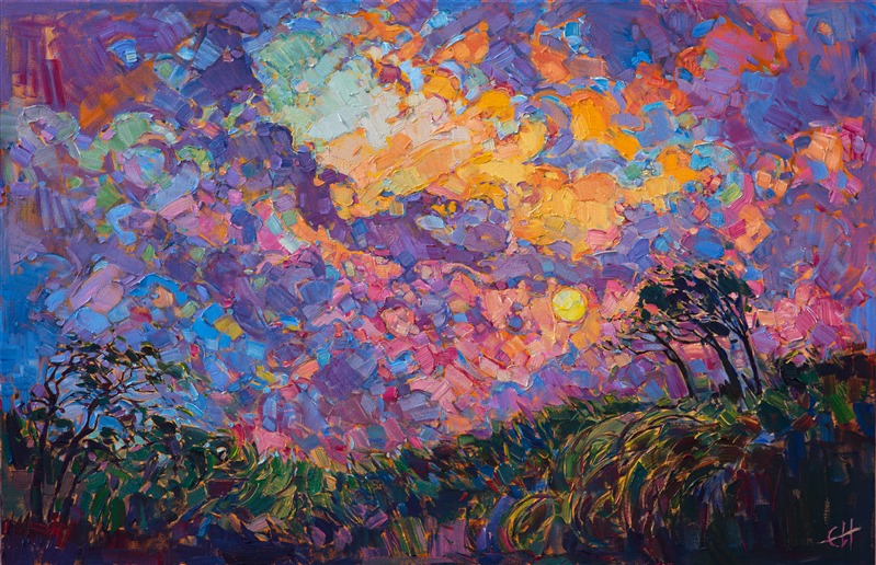 Fresh and vibrant, this dramatic oil painting transforms an ordinary sunset into a medley of emotional color.  Each brush stroke is thickly applied, worked wet-on-wet to achieve a beautiful contrast and color variation.  A contemporary impressionist work, this painting was inspired by the artists' springtime travels through the western United States.</p><p>This painting was created on gallery-depth canvas, with the painting continued around the sides of the canvas. This piece has been framed in a gold floater frame.