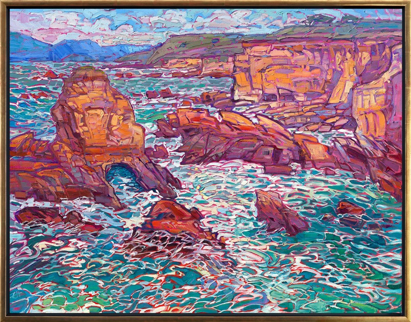Swirling colors of blue and turquoise catch the afternoon light in this painting of California's rocky coast near San Luis Obispo. The impressionistic brush strokes swirl and dance, capturing the ever-changing foam.</p><p>"Turquoise Foam" was created on 1-1/2" canvas, with the painting continued around the edges. The piece arrives framed in a contemporary gold floater frame finished in 23kt gold leaf.</p><p>Exhibited at the Santa Paula Art Museum for Erin's <a href="https://www.erinhansonprints.com/Event/CaliforniaImpressionismatSantaPaulaMuseum" target="_blank"><i>Colors of California</a></i> solo exhibition, 2021.