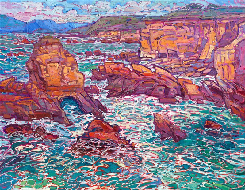 Swirling colors of blue and turquoise catch the afternoon light in this painting of California's rocky coast near San Luis Obispo. The impressionistic brush strokes swirl and dance, capturing the ever-changing foam.</p><p>"Turquoise Foam" was created on 1-1/2" canvas, with the painting continued around the edges. The piece arrives framed in a contemporary gold floater frame finished in 23kt gold leaf.</p><p>Exhibited at the Santa Paula Art Museum for Erin's <a href="https://www.erinhansonprints.com/Event/CaliforniaImpressionismatSantaPaulaMuseum" target="_blank"><i>Colors of California</a></i> solo exhibition, 2021.