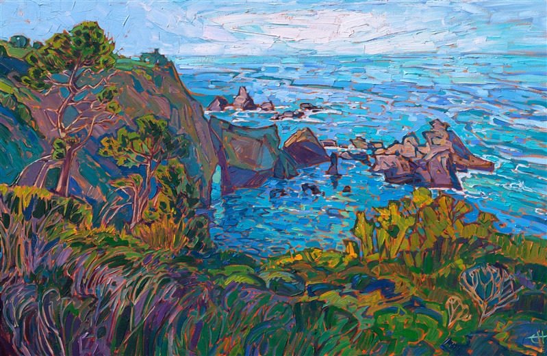 The soft light of afternoon casts a warm glow across this Mendocino coastline in northern California. The impressionistic painting has been framed in a hand-carved and gilded "open impressionist" frame designed by the artist.