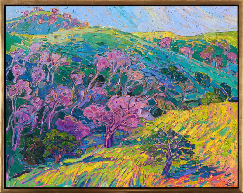 The rolling hills of northern California's wine country are captured in loose, expressive brush strokes, and vibrant expressionistic color. The movement within the painting draws the eye and engages the senses. The thick, luscious paint application has an almost edible appeal.</p><p>"Turquoise Spring" is an original oil painting of Mariposa, California, near Yosemite. The painting was created on gallery-depth canvas and the piece arrives framed in a contemporary gold floater frame, ready to hang.