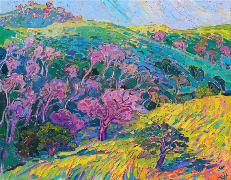 The rolling hills of northern California's wine country are captured in loose, expressive brush strokes, and vibrant expressionistic color. The movement within the painting draws the eye and engages the senses. The thick, luscious paint application has an almost edible appeal.</p><p>"Turquoise Spring" is an original oil painting of Mariposa, California, near Yosemite. The painting was created on gallery-depth canvas and the piece arrives framed in a contemporary gold floater frame, ready to hang.