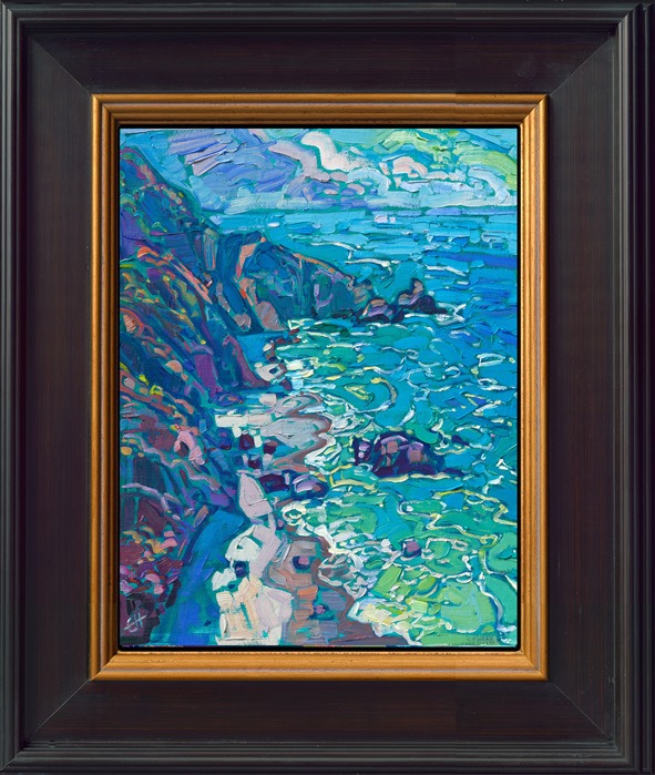 California's Highway 1 between Carmel and Cambria has some of the most beautiful coastal landscapes for oil painters. The dramatic cliffs change color throughout the seasons, and the water changes daily depending on the sky and water clarity. My favorite parts of Highway 1 to paint are the scenes where I can paint the cliffs, the white sandy beaches, and the turquoise waters all in one painting.</p><p>"Turquoise Vista" is an original oil painting on linen board. The piece arrives framed in a black and gold "mock floater" frame, ready to hang.</p><p>This piece will be displayed in Erin Hanson's annual <i><a href="https://www.erinhanson.com/Event/petiteshow2023">Petite Show</i></a> in McMinnville, Oregon. This painting is available for purchase now, and the piece will ship after the show on November 11, 2023.