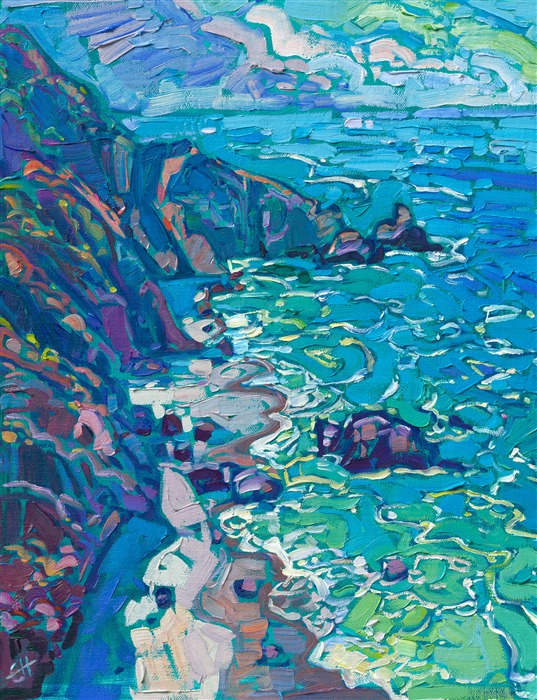 California's Highway 1 between Carmel and Cambria has some of the most beautiful coastal landscapes for oil painters. The dramatic cliffs change color throughout the seasons, and the water changes daily depending on the sky and water clarity. My favorite parts of Highway 1 to paint are the scenes where I can paint the cliffs, the white sandy beaches, and the turquoise waters all in one painting.

"Turquoise Vista" is an original oil painting on linen board. The piece arrives framed in a black and gold "mock floater" frame, ready to hang.

This piece will be displayed in Erin Hanson's annual <i><a href="https://www.erinhanson.com/Event/petiteshow2023">Petite Show</i></a> in McMinnville, Oregon. This painting is available for purchase now, and the piece will ship after the show on November 11, 2023.