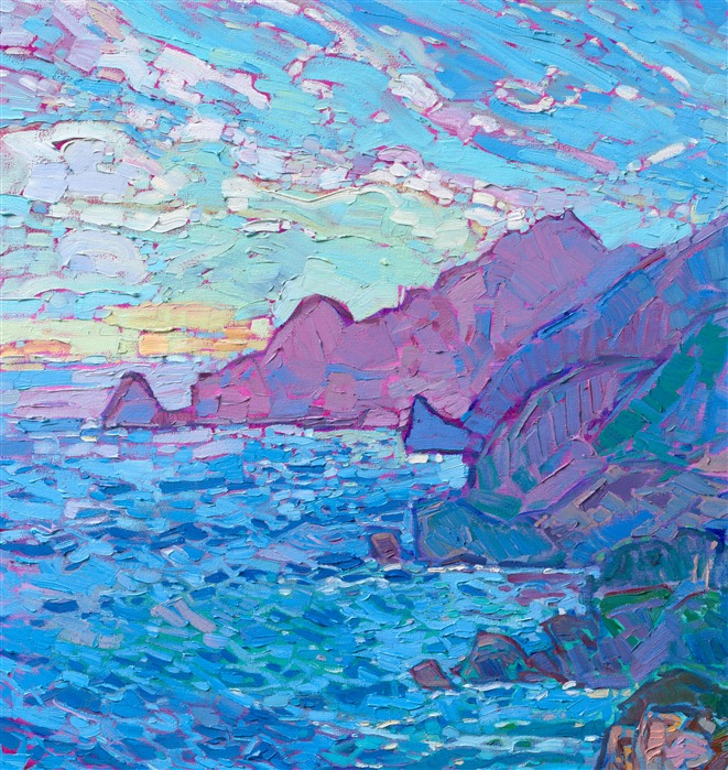 Hues of turquoise, ultramarine, and cobalt are set off by velvety shades of purple in this painting of California's Highway 1. The thick, impressionistic brushstrokes give a sense of movement in the piece, capturing the feeling of the fresh, coastal breeze.</p><p>"Turquoise Waters" is a large oil painting created on stretched canvas. The piece has been signed by the artist on the front and the back of the canvas. The painting arrives framed in a classic, burnished sterling silver floater frame. The dimensions of the piece including the frame is 64" tall x 50" wide.