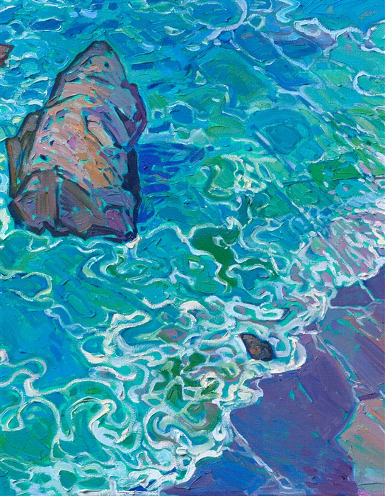 Hues of turquoise, ultramarine, and cobalt are set off by velvety shades of purple in this painting of California's Highway 1. The thick, impressionistic brushstrokes give a sense of movement in the piece, capturing the feeling of the fresh, coastal breeze.</p><p>"Turquoise Waters" is a large oil painting created on stretched canvas. The piece has been signed by the artist on the front and the back of the canvas. The painting arrives framed in a classic, burnished sterling silver floater frame. The dimensions of the piece including the frame is 64" tall x 50" wide.