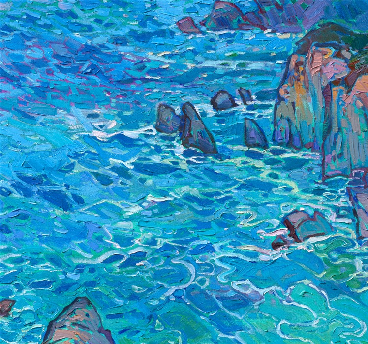 Hues of turquoise, ultramarine, and cobalt are set off by velvety shades of purple in this painting of California's Highway 1. The thick, impressionistic brushstrokes give a sense of movement in the piece, capturing the feeling of the fresh, coastal breeze.</p><p>"Turquoise Waters" is a large oil painting created on stretched canvas. The piece has been signed by the artist on the front and the back of the canvas. The painting arrives framed in a classic, burnished sterling silver floater frame. The dimensions of the piece including the frame is 64" tall x 50" wide.