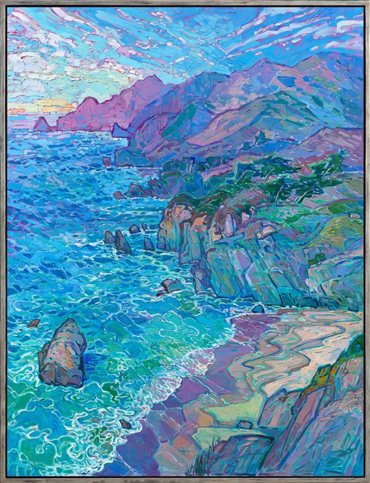 Hues of turquoise, ultramarine, and cobalt are set off by velvety shades of purple in this painting of California's Highway 1. The thick, impressionistic brushstrokes give a sense of movement in the piece, capturing the feeling of the fresh, coastal breeze.</p><p>"Turquoise Waters" is a large oil painting created on stretched canvas. The piece has been signed by the artist on the front and the back of the canvas. The painting arrives framed in a classic, burnished sterling silver floater frame. The dimensions of the piece including the frame is 64" tall x 50" wide.