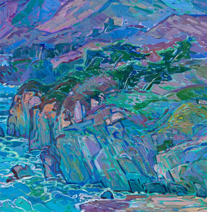 Hues of turquoise, ultramarine, and cobalt are set off by velvety shades of purple in this painting of California's Highway 1. The thick, impressionistic brushstrokes give a sense of movement in the piece, capturing the feeling of the fresh, coastal breeze.</p><p>"Turquoise Waters" is a large oil painting created on stretched canvas. The piece has been signed by the artist on the front and the back of the canvas. The painting arrives framed in a classic, burnished sterling silver floater frame. The dimensions of the piece including the frame is 64" tall x 50" wide.