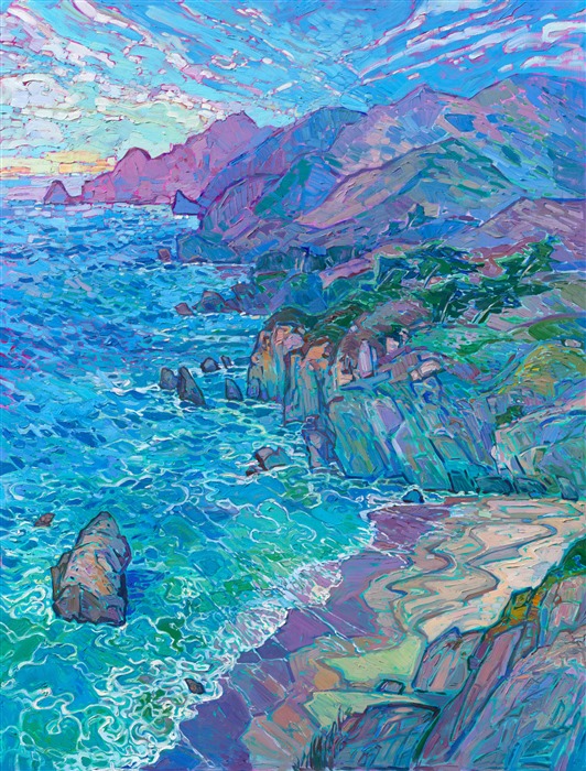 Hues of turquoise, ultramarine, and cobalt are set off by velvety shades of purple in this painting of California's Highway 1. The thick, impressionistic brushstrokes give a sense of movement in the piece, capturing the feeling of the fresh, coastal breeze.</p><p>"Turquoise Waters" is a large oil painting created on stretched canvas. The piece has been signed by the artist on the front and the back of the canvas. The painting arrives framed in a classic, burnished sterling silver floater frame. The dimensions of the piece including the frame is 64" tall x 50" wide.