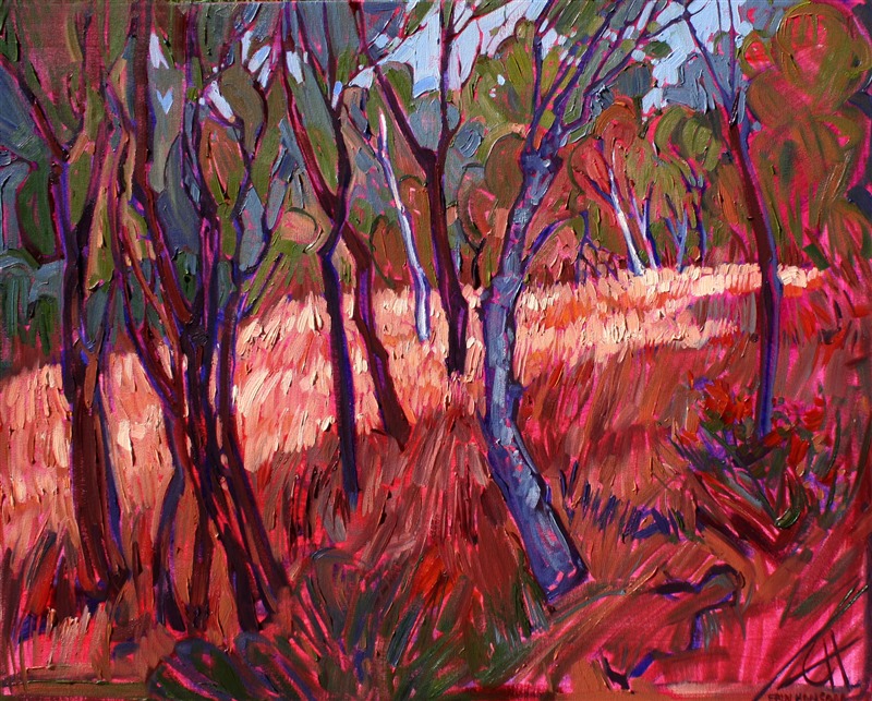 Cast in the red hues of late afternoon, this painting captures the life and movement of a grove of California cottonwoods and birches. This painting has an almost abstract feel, with highly textured brush strokes and thick paint application.