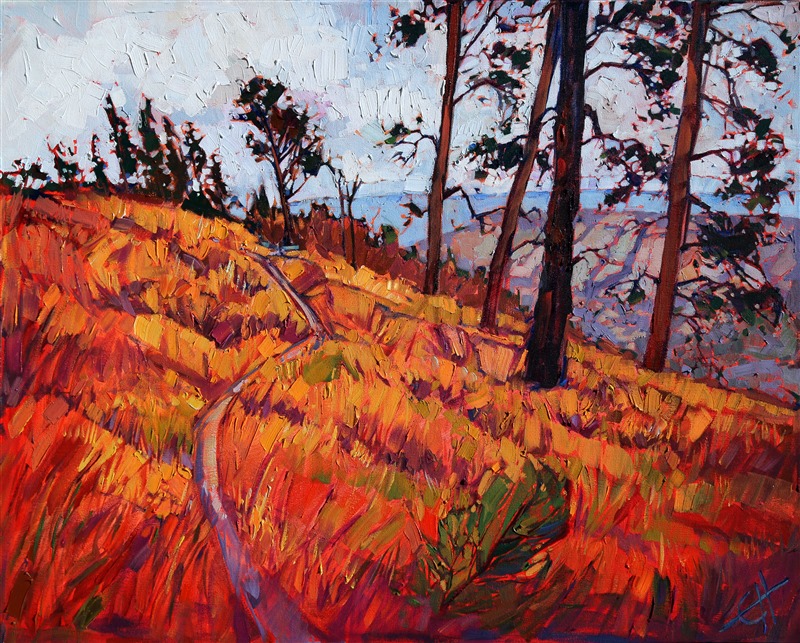 After sleeping all night under a windy hailstorm, we awoke before dawn to hike the final upper plateaus of Zion. The bronze-tipped autumn grass was wet with saturated color and the air was heavy with blue fog. This painting captures the mile after mile of high winding trail, peeking over the edge into the Zion canyon.