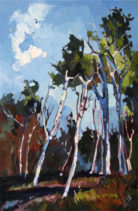 Beautiful, colorful birch trees are captured with thick brush strokes and lively contrasts. This painting was inspired by a drive through the high desert forests of Utah.
