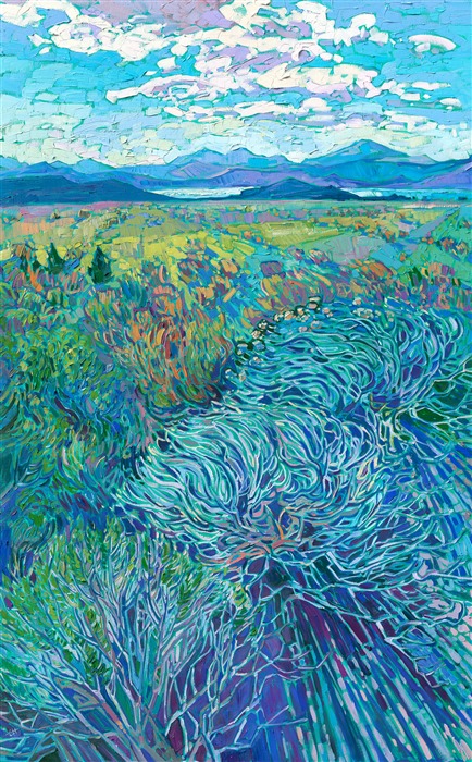 Driving through the open plains of Utah's high desert one morning, I came atop a small hill overlooking a wide expanse of landscape in every direction. In the far distance, a lake shimmered between the peaks of distant buttes. Nearby the sagebrush curved in interesting shapes and glimmered with pale blues and lavenders.</p><p>"Utah Blues" was created on 1-1/2" stretched linen. The painting arrives framed in a hand-made burnished silver floater frame.