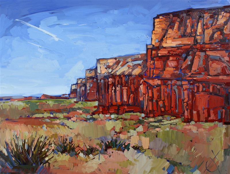 Utah buttes in abstract shapes. The paint is layered on in thick impasto brush strokes.