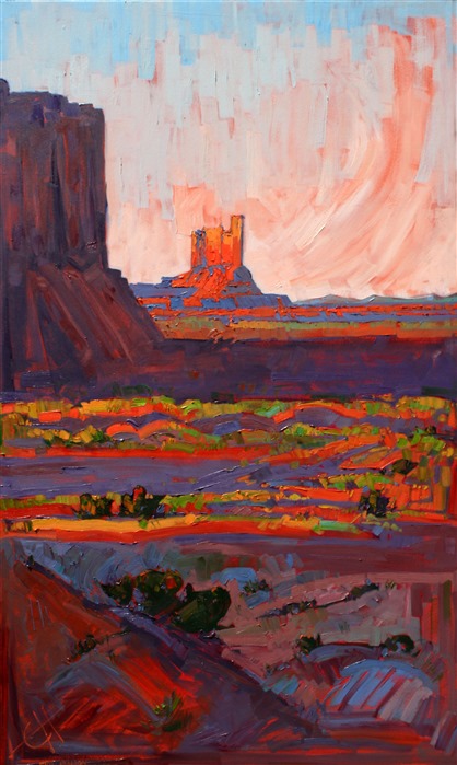 This dramatic piece uses broad brush strokes and a simple composition to communicate the feel of being at Monument Valley.