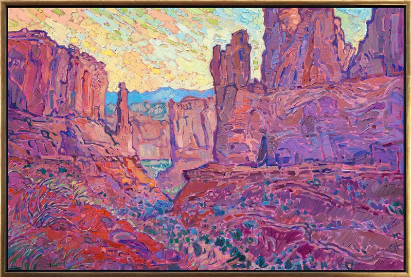 When you first enter Arches National Park, one of my favorite vistas to paint is immediately to your left-hand side. You can see beautiful fins of red rock sandstone overlapping into the far distance. It is most beautiful at dawn. This painting captures the scene with luscious colors of pink and orange.<br/><b>Note:<br/>"Utah Red Rock" is available for pre-purchase and will be included in the <i><a href="https://www.erinhanson.com/Event/SearsArtMuseum" target="_blank">Erin Hanson: Landscapes of the West</a> </i>solo museum exhibition at the Sears Art Museum in St. George, Utah. This museum exhibition, located at the gateway to Zion National Park, will showcase Erin Hanson's largest collection of Western landscape paintings, including paintings of Zion, Bryce, Arches, Cedar Breaks, Arizona, and other Western inspirations. The show will be displayed from June 7 to August 23, 2024.</p><p>You may purchase this painting online, but the artwork will not ship after the exhibition closes on August 23, 2024.</b><br/><p>