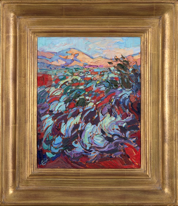 Kayenta, Utah, is a beautiful community tucked against dramatic red cliffs.  The entire desert floor is covered in pale green sage bushes.  I was immediately drawn to the striking beauty and contrast of the sage against the dark orange sand. </p><p>This painting was done on 1/8" canvas, and it arrives framed and ready to hang.