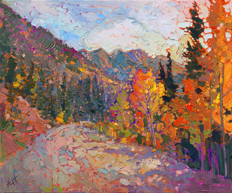Utah has some of our most beautiful National Parks.  Cedar Breaks National Park, near Zion, is stunning in the autumn.  The brush strokes in this painting are loose and impressionistic, creating a sense of movement and light.

This painting was created on a 3/4"-deep canvas. It has been framed in a classic, museum-quality frame and arrives ready to hang.

Exhibited: St George Art Museum, Utah, in a solo exhibition celebrating the National Park's centennial: <i><a href="https://www.erinhanson.com/Event/ErinHansonMuseumShow2016" target="_blank">Erin Hanson's Painted Parks</a></i>, 2016.
