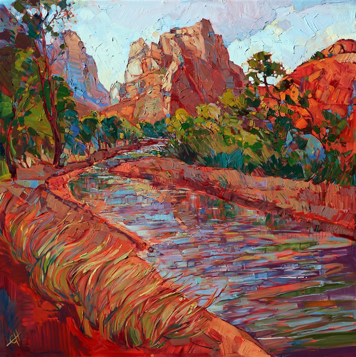 Zion National Park is painted here in soft edges and dream-like color. This is in fact the view the artist found upon waking from a nap near the riverbed, the warm red sand acting as the perfect mattress. The impressionist brush strokes in this painting act the communicate the feel and emotion of this magnificent Utah landscape.