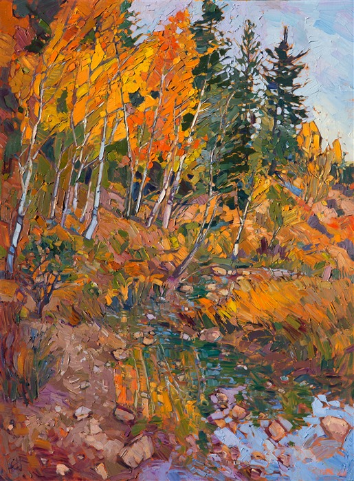 Hiking in Cedar Breaks National Park inspired this painting of October-hued cottonwoods.  A peaceful and secluded breakfast by the side of this quiet brook allowed a restful moment of contemplation and awe for the stunning surroundings.</p><p>This painting was created over 24 karat gold leaf, applied directly to the canvas as an "underpainting."  The thin sheets of genuine gold gleam with subtle light from between the brush strokes, catching the eye and making the painting seem to glow from within. </p><p>Like all the <a href="https://www.erinhanson.com/Portfolio?col=24_Karat_Collection">24 Karat Collection</a> paintings, this piece was painted on 3/4" canvas and arrives framed in a classic gilded frame, ready to hang.</p><p>Exhibited: St George Art Museum, Utah, in a solo exhibition celebrating the National Park's centennial: <i><a href="https://www.erinhanson.com/Event/ErinHansonMuseumShow2016" target="_blank">Erin Hanson's Painted Parks</a></i>, 2016.