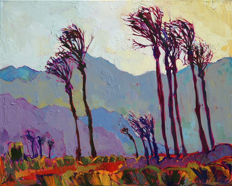 La Quinta palms wave tall in the desert wind, the stark mountain range turning shades of purple and velvet in the backdrop. The brush strokes in this painting are thick and textural, full of motion and color.