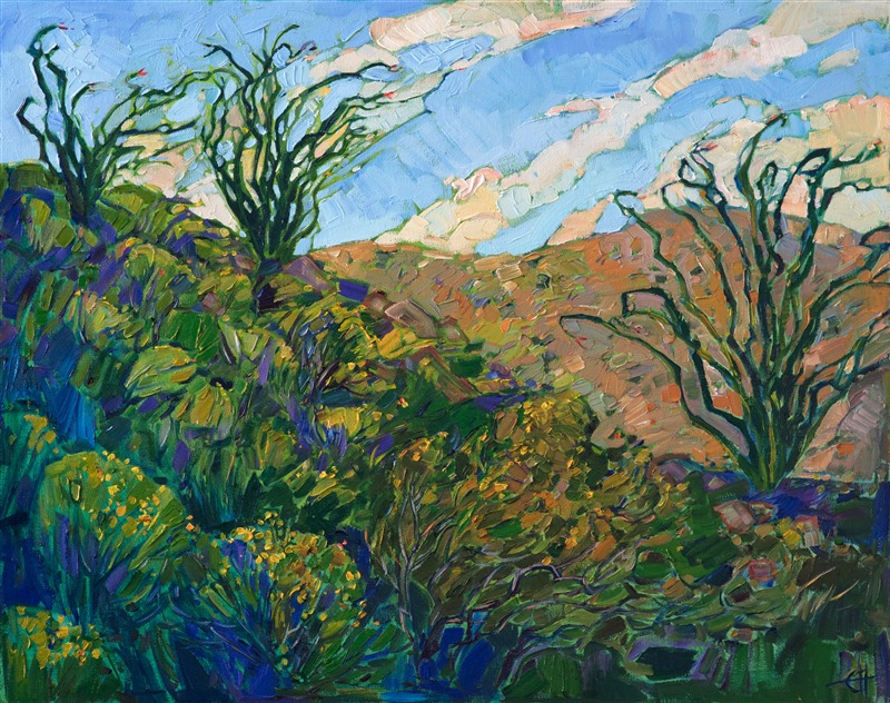 The Borrego Springs desert turns surprising hues of verdant green in the springtime. The stately ocotillo cacti also turn green under the right weather conditions, and their long stalks bloom with brilliant red flowers. This painting captures all the beauty and magesty of the desert with loose brush strokes and vivid colors.</p><p>This painting was done on 1-1/2" canvas, with the painting continued around the edges.  The painting has been framed in a hand-carved and gilded floater frame, and it arrives ready to hang.