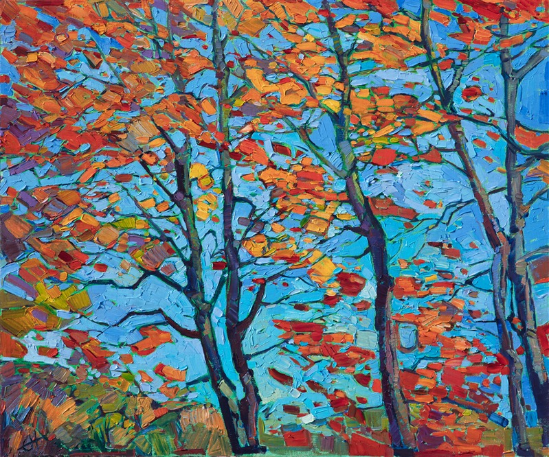 This abstracted landscape focuses on the red and orange fall foliage, inspired by my first trip to Vermont earlier this year. The skies in New England were bold and blue, the perfect contrast against the warm primary colors of the foliage.</p><p>This painting was done on 1/8" canvas, and it arrives framed and ready to hang.