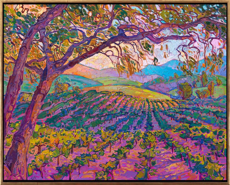 Rolling hills of cultivated grapevines create layers of colors in the landscape, in this painting of California wine country. The impasto brush strokes are thickly applied, without overlapping, creating a mosaic of texture and color across the canvas. This painting captures all the beauty of wine country at dawn.</p><p>"Vines at Dawn" is an original oil painting on stretched canvas. The piece arrives framed in a contemporary gold floater frame, ready to hang.</p><p><br/><b>Paintings of Paso Robles</b><br/>Erin Hanson has been painting the wine country landscapes of Paso Robles, California, for over a decade. Endlessly inspired by Paso's gently rolling hills, ancient oak trees, and pastoral vineyards, Erin Hanson has painted over 250 oil paintings of Paso Robles. You can see her <a href="https://www.erinhanson.com/Portfolio?search=paso%20robles">Paso collection here.</a></p><p>Wine country paintings are perfect for anyone who loves the iconic landscapes where grapevines grow. Often nestled near a coastline, with hills and coastal mountains, oak trees and evergreens, viticultural landscapes are some of the most beautiful landscapes an artist can find to paint. Erin Hanson has three collections in her portfolio for lovers of wine country: <a href="https://www.erinhanson.com/Portfolio?col0=Wine_Country">The Wine Country Collection</a>, <a href="https://www.erinhanson.com/Portfolio?col0=Vineyard_Collection">The Vineyard Collection</a>, and <a href="https://www.erinhanson.com/Portfolio?col0=Oaks_and_Hills">The Oaks and Hills Collection.</a></p><p>Erin Hanson's original oil paintings often sell before they are dry, but most of her work are available as <a href="https://www.erinhanson.com/Blog?p=Impressionism-Prints-Direct-from-Artist">canvas prints</a> or limited edition <a href="https://www.erinhanson.com/Blog?p=TechnicalSpecificationsof3DArtReproduction">3D Textured Replicas.</a> If you have your heart set on a one-of-a-kind, original oil painting by Erin Hanson, write us a <a href="https://www.erinhanson.com/Contact">message here</a> at The Erin Hanson Gallery, and we will keep you informed when Erin releases new works.</p><p><br/><b>What is Open Impressionism?</b><br/>Erin Hanson has created a unique style of painting in oils called "<a href="https://www.erinhanson.com/Blog?p=What-is-Open-Impressionism">Open Impressionism</a>." Her paintings immediately catch the eye because of their vibrant colors and expressive brush strokes. She creates her landscapes with a limited palette of only 5 colors, and using these 5 primary colors she pre-mixes her entire palette (over a hundred individual hues) before she ever picks up a brush. Next, she applies the paint with a confident, experienced hand, placing the paint exactly where it belongs on the canvas, and trying not to over any part of the canvas more than once. This unique method of painting in oils, without any layering, creates a stained glass or mosaic effect in her paintings. The final result is a vibrant painting that captures the landscapes she loves.</p><p>Do you want to follow along and learn more about Erin's unique style? Subscribe to Erin's <a href="https://www.erinhanson.com/Subscribe">weekly newsletter here.</a></p><p>