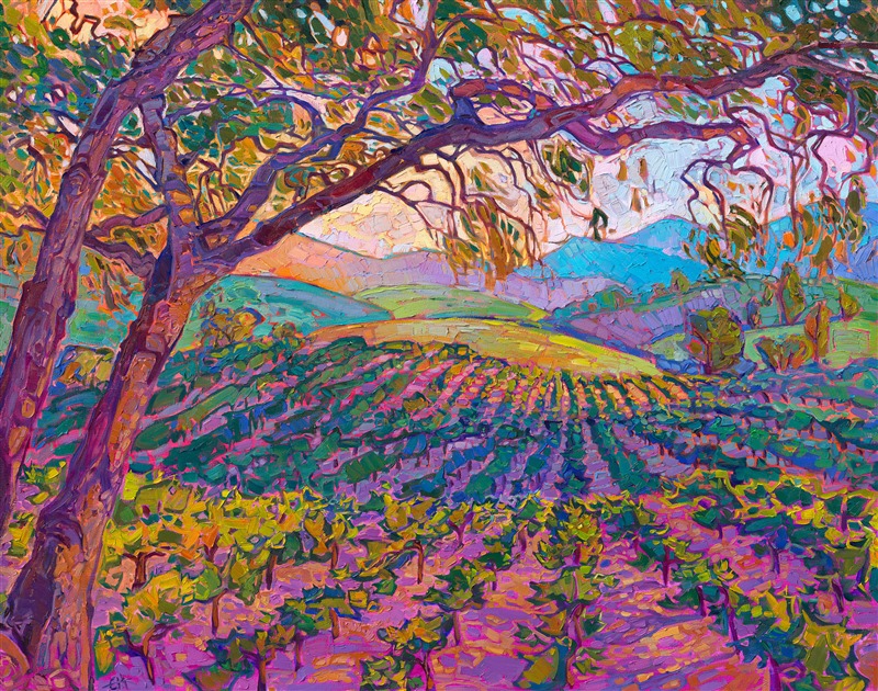 Rolling hills of cultivated grapevines create layers of colors in the landscape, in this painting of California wine country. The impasto brush strokes are thickly applied, without overlapping, creating a mosaic of texture and color across the canvas. This painting captures all the beauty of wine country at dawn.</p><p>"Vines at Dawn" is an original oil painting on stretched canvas. The piece arrives framed in a contemporary gold floater frame, ready to hang.</p><p><br/><b>Paintings of Paso Robles</b><br/>Erin Hanson has been painting the wine country landscapes of Paso Robles, California, for over a decade. Endlessly inspired by Paso's gently rolling hills, ancient oak trees, and pastoral vineyards, Erin Hanson has painted over 250 oil paintings of Paso Robles. You can see her <a href="https://www.erinhanson.com/Portfolio?search=paso%20robles">Paso collection here.</a></p><p>Wine country paintings are perfect for anyone who loves the iconic landscapes where grapevines grow. Often nestled near a coastline, with hills and coastal mountains, oak trees and evergreens, viticultural landscapes are some of the most beautiful landscapes an artist can find to paint. Erin Hanson has three collections in her portfolio for lovers of wine country: <a href="https://www.erinhanson.com/Portfolio?col0=Wine_Country">The Wine Country Collection</a>, <a href="https://www.erinhanson.com/Portfolio?col0=Vineyard_Collection">The Vineyard Collection</a>, and <a href="https://www.erinhanson.com/Portfolio?col0=Oaks_and_Hills">The Oaks and Hills Collection.</a></p><p>Erin Hanson's original oil paintings often sell before they are dry, but most of her work are available as <a href="https://www.erinhanson.com/Blog?p=Impressionism-Prints-Direct-from-Artist">canvas prints</a> or limited edition <a href="https://www.erinhanson.com/Blog?p=TechnicalSpecificationsof3DArtReproduction">3D Textured Replicas.</a> If you have your heart set on a one-of-a-kind, original oil painting by Erin Hanson, write us a <a href="https://www.erinhanson.com/Contact">message here</a> at The Erin Hanson Gallery, and we will keep you informed when Erin releases new works.</p><p><br/><b>What is Open Impressionism?</b><br/>Erin Hanson has created a unique style of painting in oils called "<a href="https://www.erinhanson.com/Blog?p=What-is-Open-Impressionism">Open Impressionism</a>." Her paintings immediately catch the eye because of their vibrant colors and expressive brush strokes. She creates her landscapes with a limited palette of only 5 colors, and using these 5 primary colors she pre-mixes her entire palette (over a hundred individual hues) before she ever picks up a brush. Next, she applies the paint with a confident, experienced hand, placing the paint exactly where it belongs on the canvas, and trying not to over any part of the canvas more than once. This unique method of painting in oils, without any layering, creates a stained glass or mosaic effect in her paintings. The final result is a vibrant painting that captures the landscapes she loves.</p><p>Do you want to follow along and learn more about Erin's unique style? Subscribe to Erin's <a href="https://www.erinhanson.com/Subscribe">weekly newsletter here.</a></p><p>