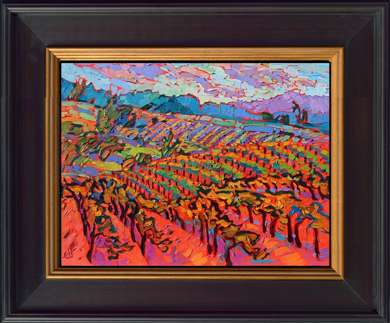 Rolling hills with layers of vineyards breathe color into the landscape every October in Oregon's wine country. Thick brush strokes lay down expressive strokes of color onto the canvas. This petite work arrives framed and ready to hang.</p><p>This piece will be displayed in Erin Hanson's annual <i><a href="https://www.erinhanson.com/Event/petiteshow2023">Petite Show</i></a> in McMinnville, Oregon. This painting is available for purchase now, and the piece will ship after the show on November 11, 2023.