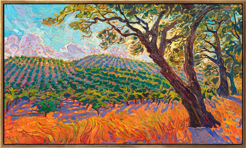 Loose strokes of impressionist color capture the beauty of California's wine country. This Paso Robles painting depicts rolling hills covered in rows of vines changing color in the late afternoon light. This piece was created in Hanson's unique <a href="https://www.erinhanson.com/open-impressionism">Open Impressionism</a> style.</p><p>"Vineyard Afternoon" is an original oil painting created on stretched canvas. The piece arrives framed in a 23kt, burnished gold floater frame, ready to hang.