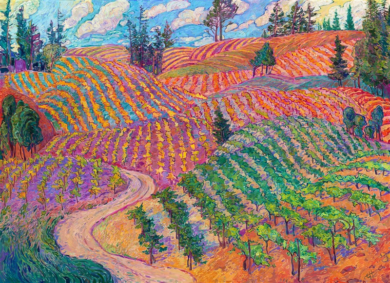 This painting was inspired by the Mendocino wine country region in northern California. Erin Hanson's painting style is expressionism meets impressionism--bold color, thick paint, and lively movement capture the landscapes she loves. This painting draws you into the fields of overlapping vines, transporting you to a warm October day in California wine country.