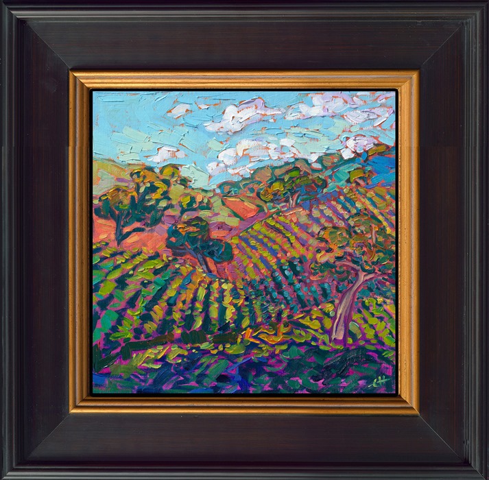 Paso Robles is, in my opinion, the most beautiful wine country America has to offer. The vineyards are planted on rolling hills, interspersed with ancient oak trees and winding country roads. This painting captures the beauty of California wine country with thick, impressionistic brushstrokes and expressive color.</p><p>"Vineyard Hill" is an original oil painting on linen board, done in Erin Hanson's signature Open Impressionism style. The piece arrives framed in a wide, mock floater frame finished in black with gold edging.</p><p>This piece will be displayed in Erin Hanson's annual <i><a href="https://www.erinhanson.com/Event/petiteshow2023">Petite Show</i></a> in McMinnville, Oregon. This painting is available for purchase now, and the piece will ship after the show on November 11, 2023.